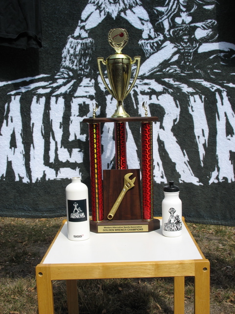 Ballbarians blanket, water bottles with WASA Dodgeball Golden Wrench Trophy
